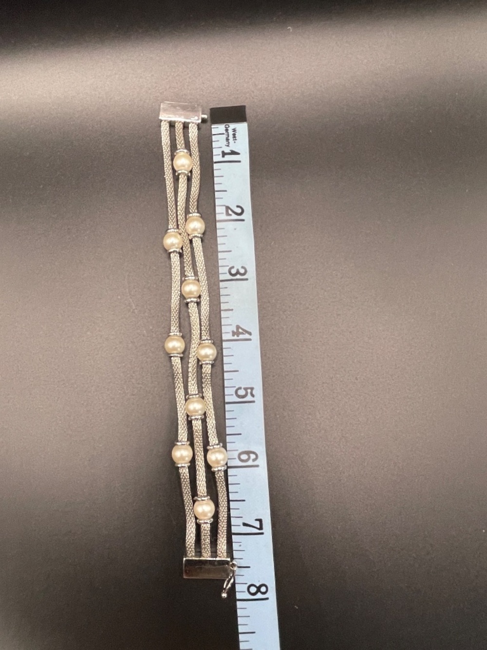Anne Klein 3 Row Silver Tone Mesh Faux Pearl Bracelet 7 1/2" - Picture 7 of 14